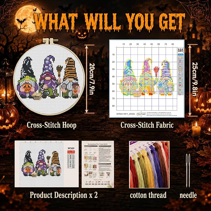 VIGEGU Gnome Cross Stitch Kits for Adults Beginners, Halloween Stamped Cross - Image 3