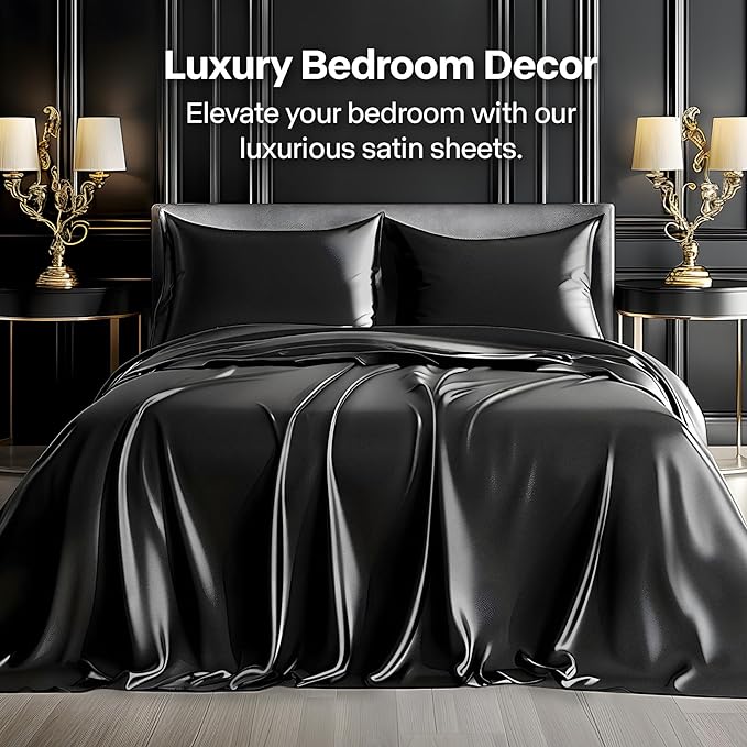 BEDELITE Satin Sheets Full XL Size Bed Set, Luxury Soft Black Silky Sheets - Image 3