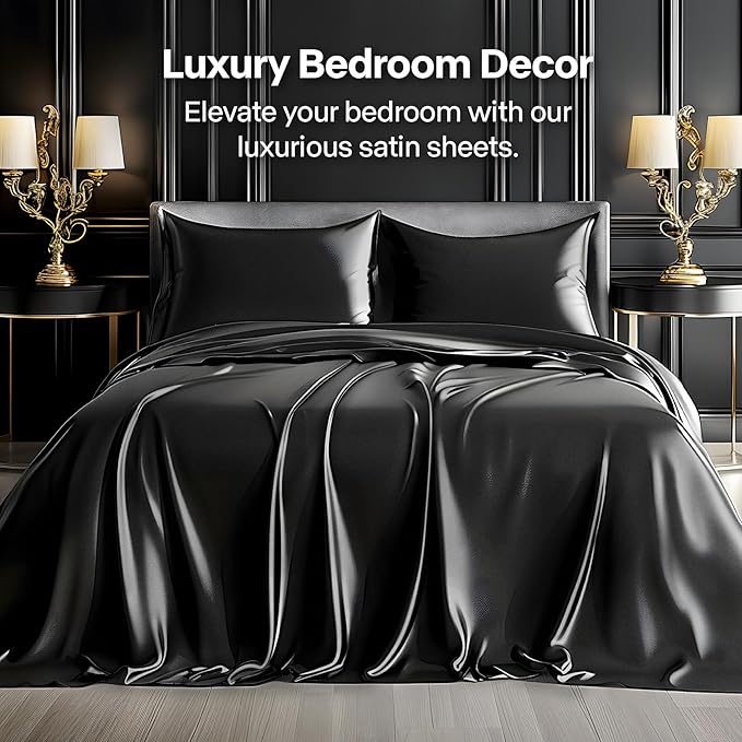 BEDELITE Satin Sheets Twin Size Bed Set, Luxury Soft Black Silky Sheets - Image 2