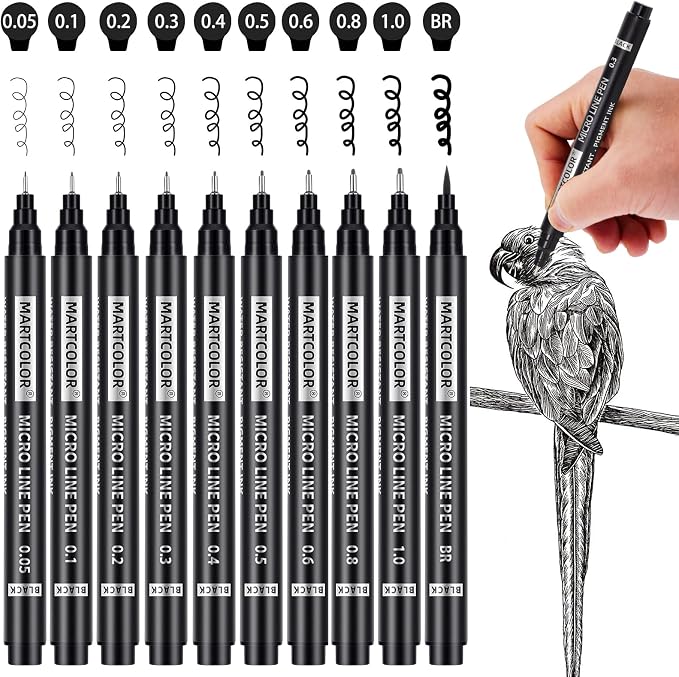 MARTCOLOR Micro Pen Fineliner Pens, 10 Size Archival Black Ink Pens | Fine by MARTCOLOR