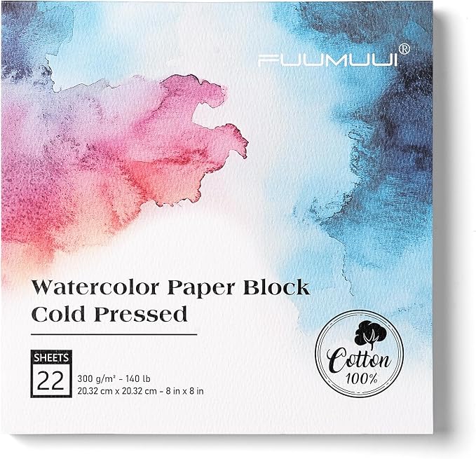 Watercolor Paper Block 8x8 Inch, Fuumuui 100% Cotton Watercolor Paper Pad of 22 by FUUMUUI