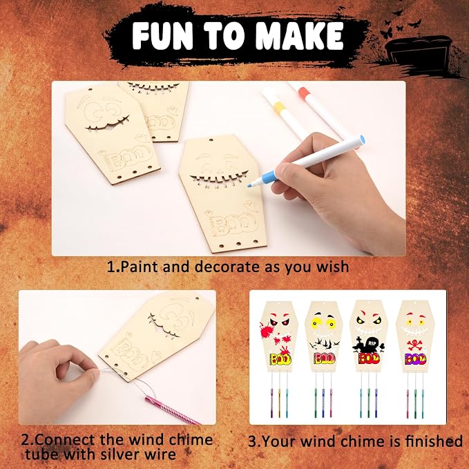 Wooden Coffins Wind Chime Ornaments Painting Craft, 6 Style Cutouts - Image 2