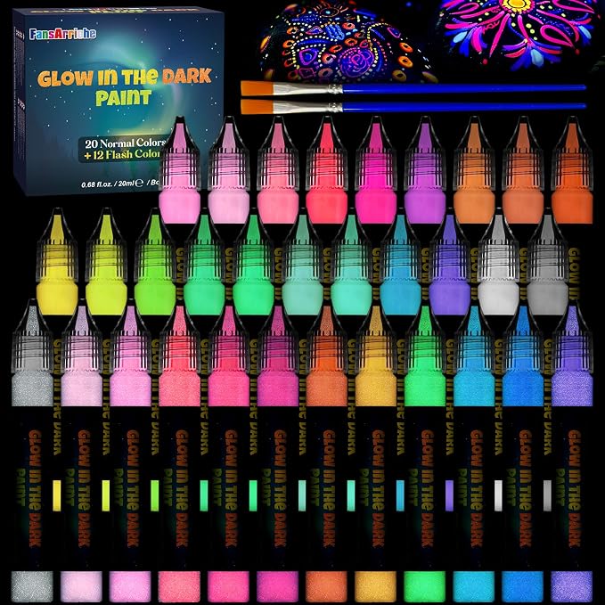 FansArriche Glow in the Dark Fabric Paint, 32 Colors x 20 ml Neon Paint | by FansArriche