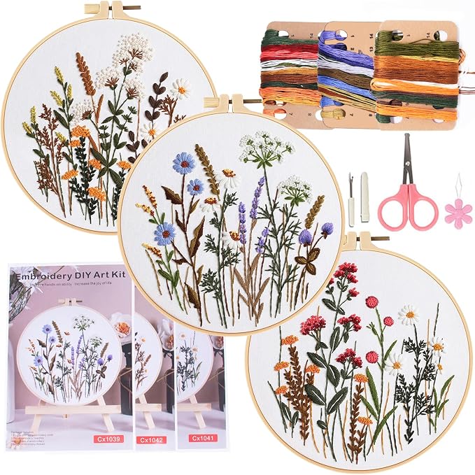 COCOMOX 3 Sets Embroidery Practice Kits, Flower Pattern Embroidery Kit by COCOMOX