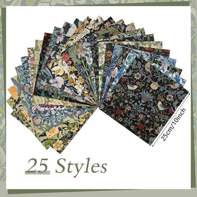 25 Pcs William Morris Cotton Fabric Squares, 10 x 10 Inch, Floral | Precut - Image 3