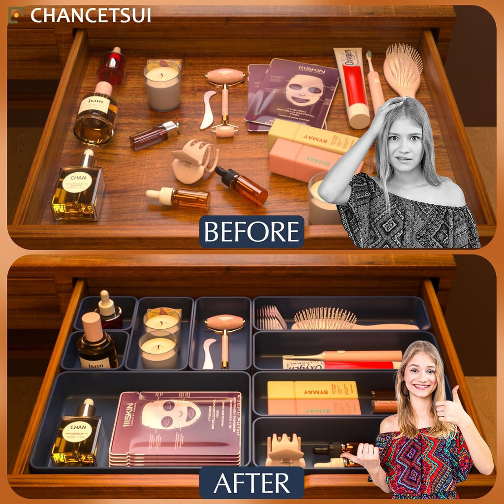 9 Pcs Stackable Drawer Organizer Trays Set, Multifunctional Stackable Storage Trays for Vanity, Bathroom, Kitchen, Desk Drawer Organizer Office. Plastic Drawer Organizers Available In 5 Colours, Blue