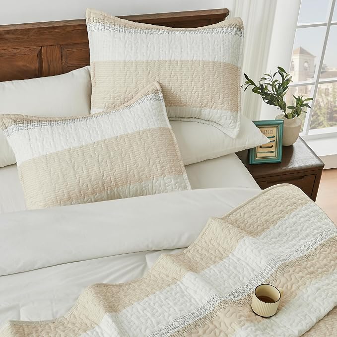 Andency Queen Quilt Bedding Set Beige, 3 Pieces Patchwork Beige Striped Ultra - Image 3