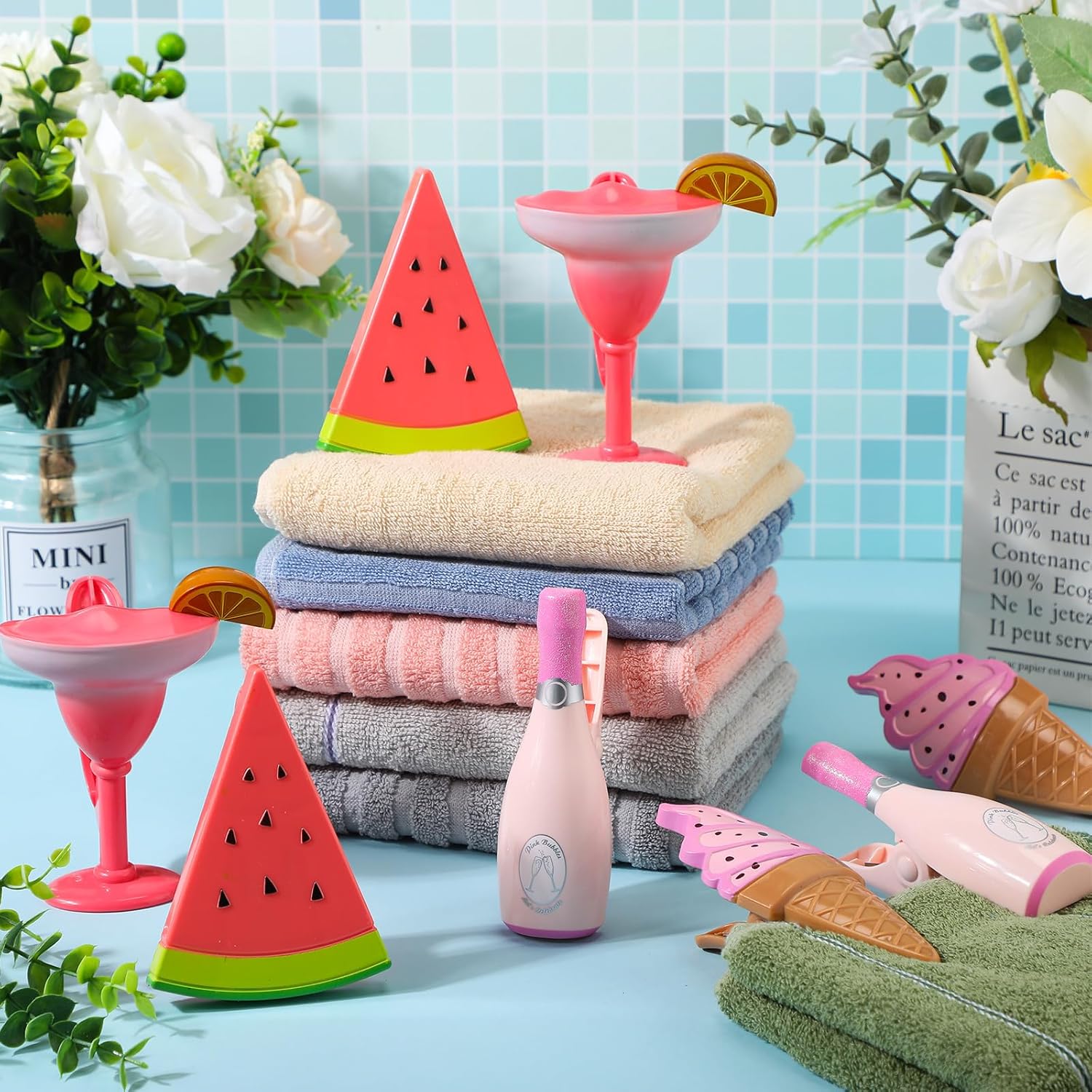 Sieral 8 Pcs Beach Towel Clips Beach Chair Pool Clips for Chairs Plastic Windproof Holder Funny Decorative Clothespins for Patio Accessories Summer, 4 Styles(Stylish Style)