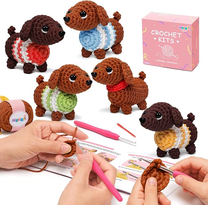 Mewaii Crochet Kit for Beginners, 5 Pack Dachshund Dog Craft Set | 40% Extra by Mewaii