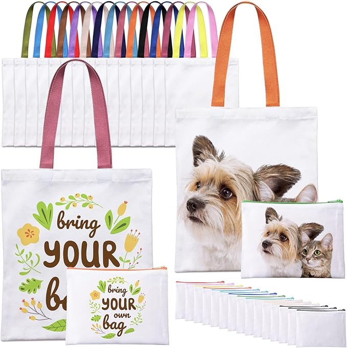 30-Pack Sublimation Blanks Tote Bags, 15 Canvas Tote & 15 Makeup Bags | by MAFYE