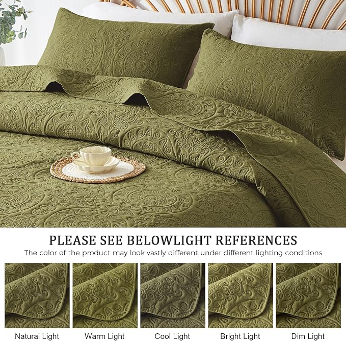 WURUIBO Olive Green Quilt Set Queen Size, Embossing Microfiber Full Bedspreads - Image 6