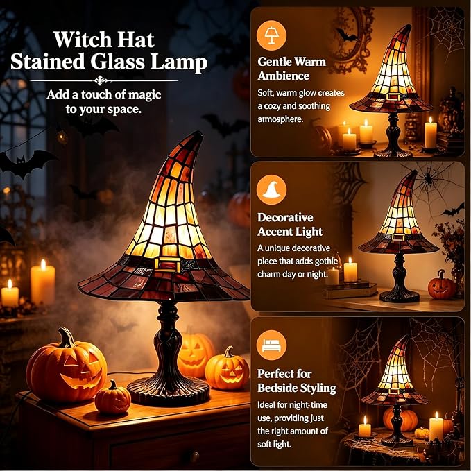 Resin Witch Hat Lamp, Vintage Halloween Table Decor Night Light | Weighted - Image 2