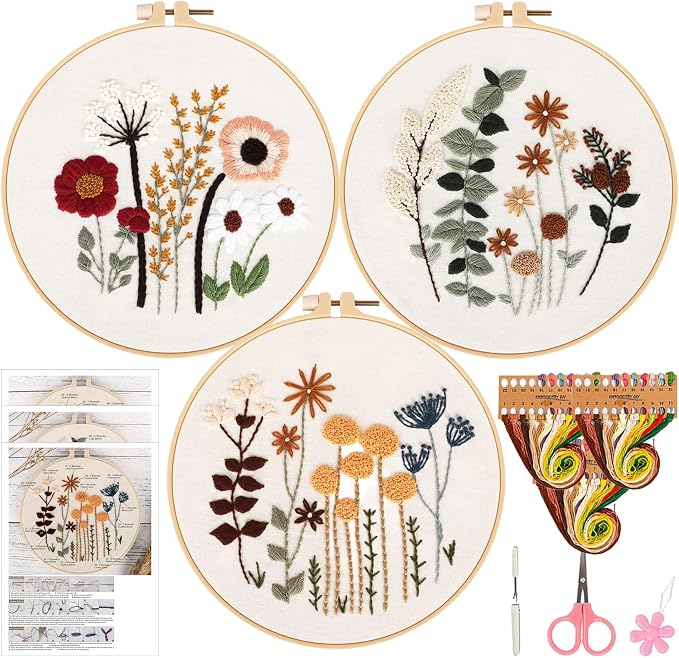Herdiese Embroidery Kit for Beginners & Adults, 3 Floral Patterns & Hoop | by Unknown