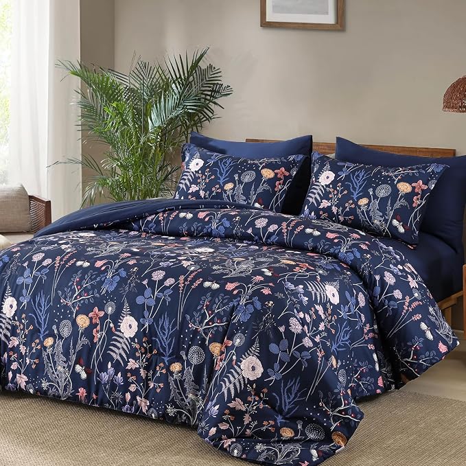 Yiran Queen Comforter Set, 7 Pieces Navy Blue Floral Soft Bedding Sets - Image 2