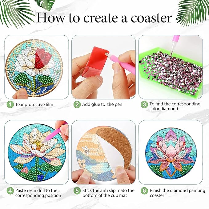 EWJRNSF 6 PCS Flowers Diamond Art Coasters DIY Kit - Image 3