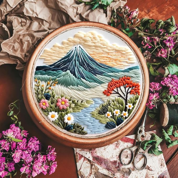 FONNUY Embroidery Kit for Beginners, Flower Hill Nature Landscape Pre-Stamped - Image 4