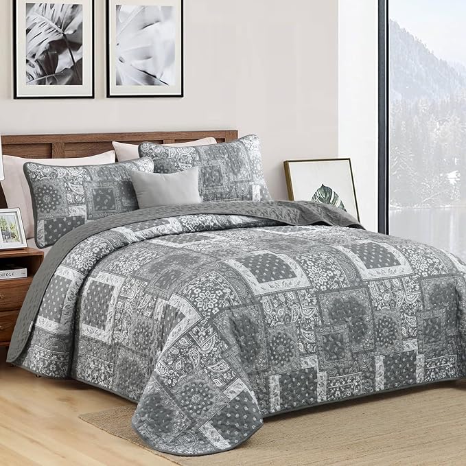 Cottolester Grey Quilt Set King Size, 3 Pieces Boho Patchwork Paisley Quilt Set - Image 2