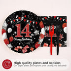 96Pcs Red and Black Party Decorations Happy 14th Birthday Plates and Napkins - Image 3