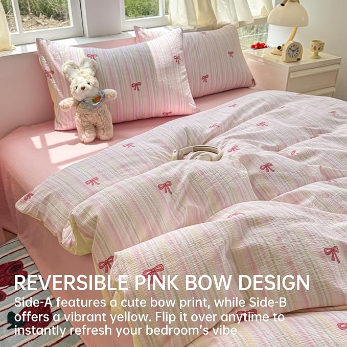 BOLINLIVING Pink Bow Duvet Cover King Size, Girls Cute Striped Bowknot Yellow - Image 2