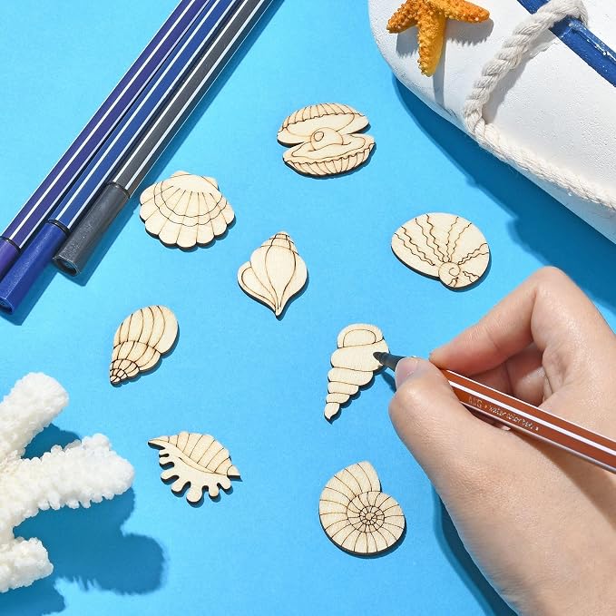 200 pcs Mixed Styles Sea Shell Theme Unfinished Wooden Cutout Charms Conch - Image 4