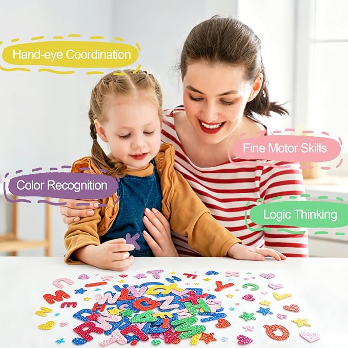 BEISHIDA 448 Pcs Glitter Foam Letter Stickers ，Letter 1.5inch 1inch Heart Stars - Image 4