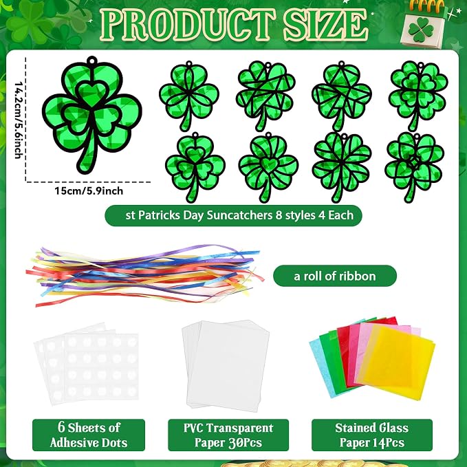 32 Sets St Patricks Day Suncatchers Craft Kit DIY shamrock Window Stained Glass - Image 2