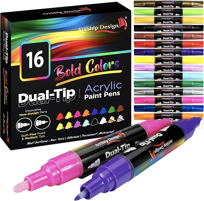 16 Dual-Tip Acrylic Paint Pens, Both Extra Fine and Medium Tip Paint Markers by ArtShipDesign