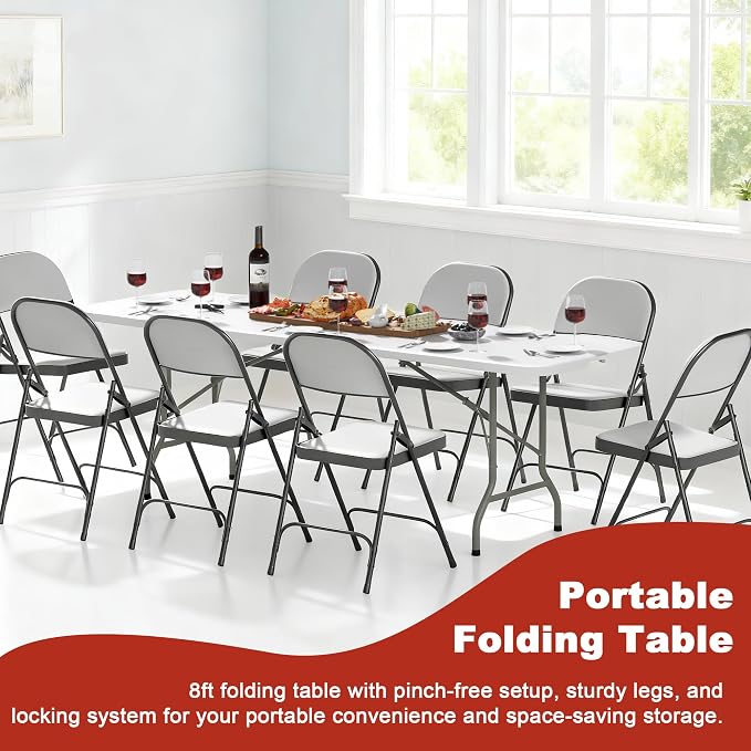 Elevon Folding Table Set of 2, 8 Feet Heavy Duty Fold-in-Half Utility Table - Image 5