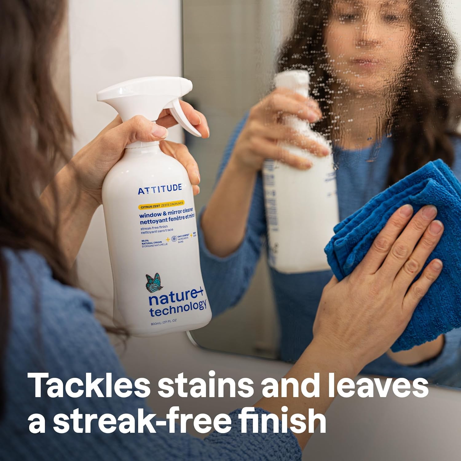 ATTITUDE Window & Mirror Cleaner, EWG Verified, Plant- & Mineral-Based, Vegan & Streak-Free Glass Spray, Citrus Zest Scent, 27.1 Fl Oz