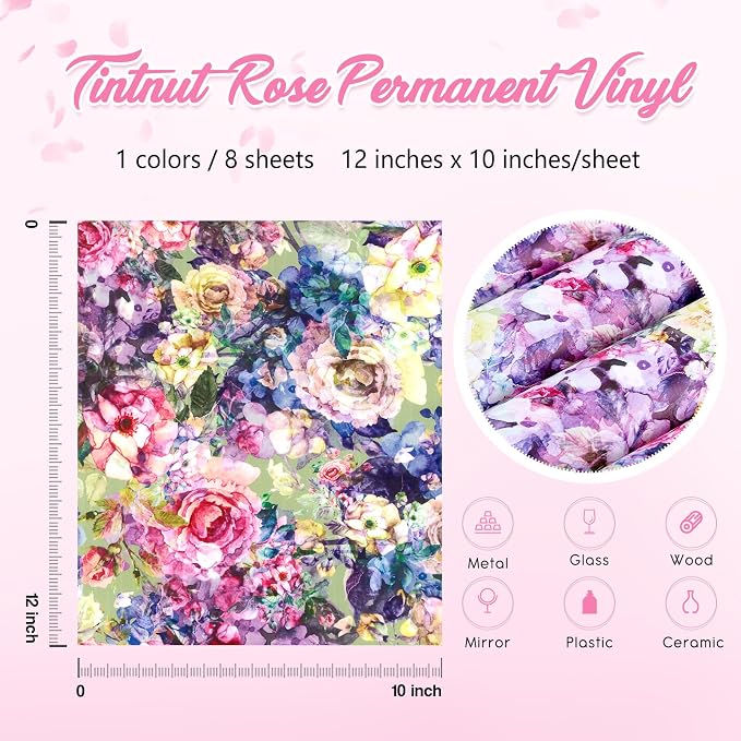 Tintnut Rose Pattern Permanent Vinyl 12x10in 8 Sheets Adhesive Vinyl | - Image 2