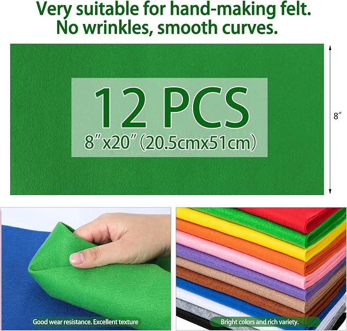 HaoFeiJH 12 Rolls 8"x20" 1.4mm Thick Soft Felt Fabric Sheets – 12 Assorted - Image 3