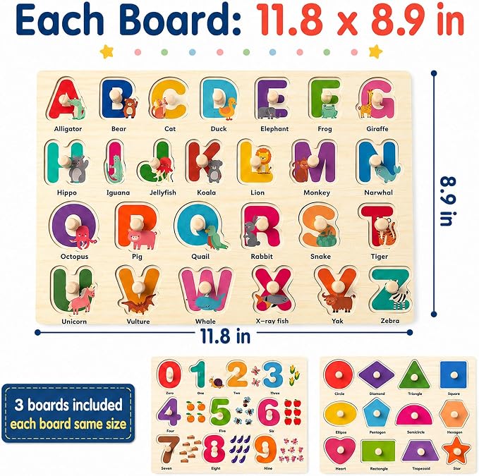 Wooden Peg Puzzles for Toddlers, 3 Pack Large Wooden Knob Puzzles for Ages 3-5 - Image 6