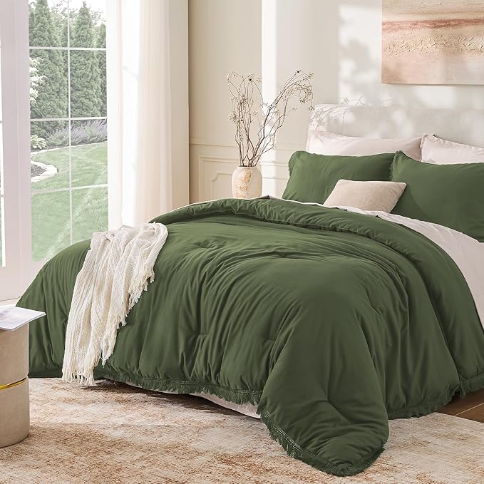 Andency Olive Green Comforter Set King, 3 Pieces Boho Tassel Lightweight by Andency