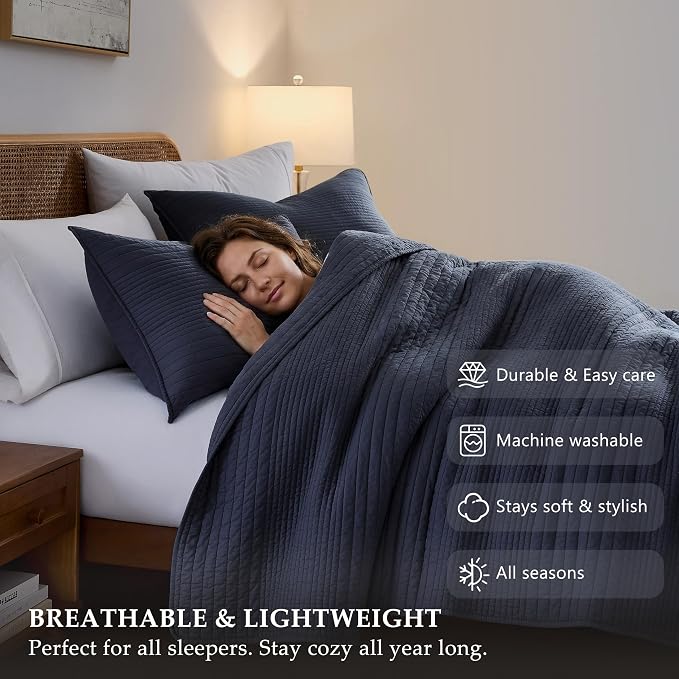 palassio Striped Navy Blue 100% Cotton Quilt King Size Bedding Sets, - Image 5