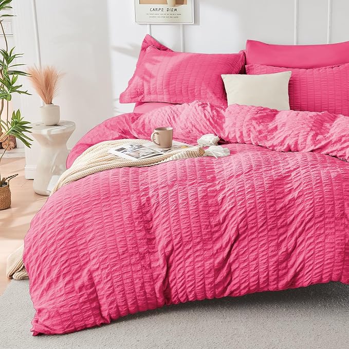 HYMOKEGE Hot Pink King Size Comforter Set Seersucker 7 Pieces, All Season - Image 2