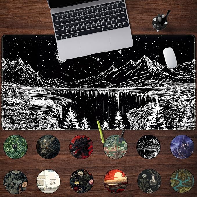 Black and White Desk Mat Dark Nature Forest Mouse pad XXL Starry Night Mountain - Image 2