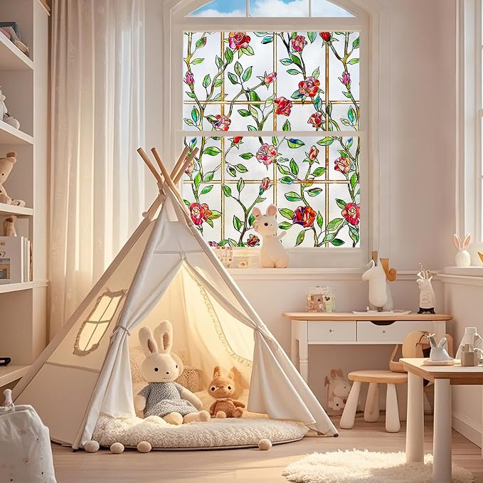 Windimiley Stained Glass Window Film, 3D Rose Floral Decorative Window Covering - Image 3