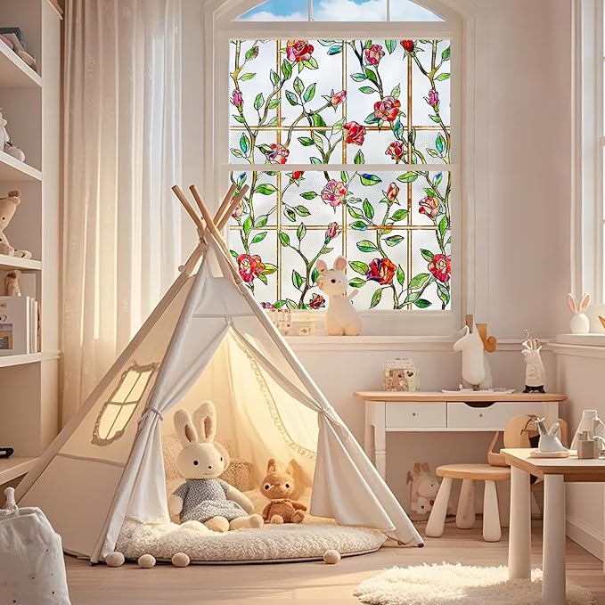 Windimiley Stained Glass Window Film, 3D Rose Floral Decorative Window Covering - Image 3