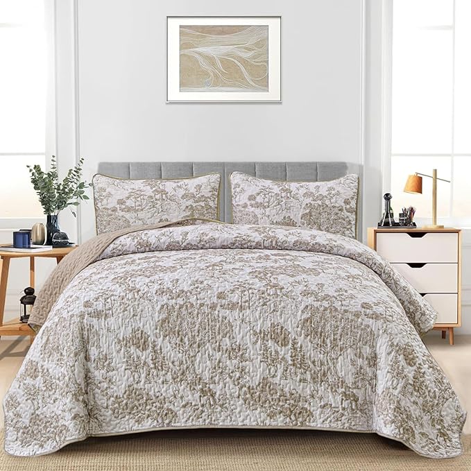 WONGS BEDDING Botanical Quilt Set King, Floral 3 Pieces Khaki Plants Printed - Image 2
