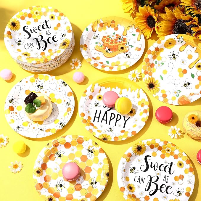 Funnymoom 60 Pcs 7 Inch Honey Bee Paper Plates Bee Happy Shower Tableware - Image 6
