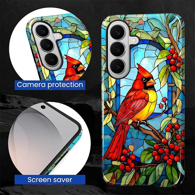 for Samsung Galaxy S26+ Case, Stained Glass Cardinal Bird Pattern Glossy 2 in 1 - Image 5