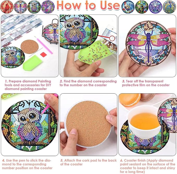 ijbnhd 8 Pack Diamond Art Coasters Kits Animals Diamond Painting Coasters | - Image 6