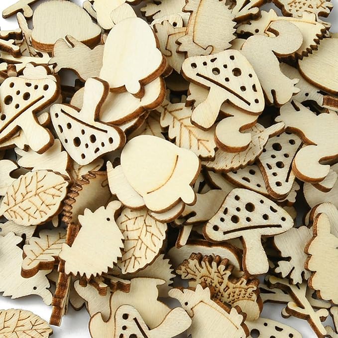 200 Pcs Unfinished Wooden Animal Plants Cutouts Squirrel Hedgehog Leaf Shapes - Image 7