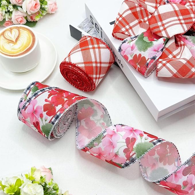 2 Rolls Red Floral Wired Ribbon, 2.5 Inch x 10 Yards Each, Vintage Red Pink - Image 7