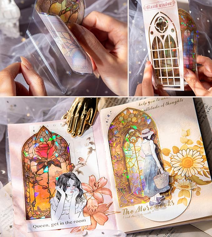 Glazed Flower Window Frame Stickes, 60 Pieces Glitter Holographic Transparent - Image 3