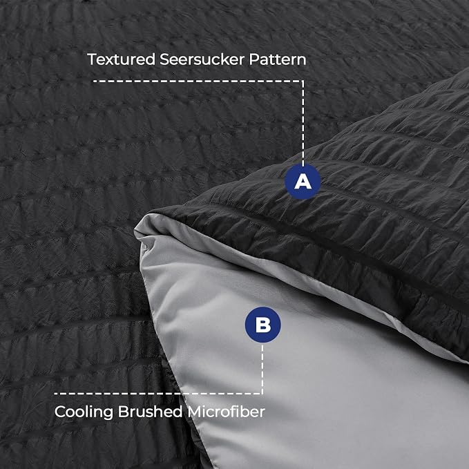 HYMOKEGE Black/Light Grey California King Comforter Set Seersucker 7 Pieces - Image 4
