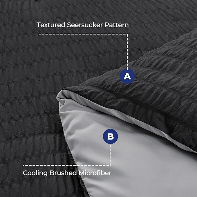 HYMOKEGE Black/Light Grey Full Size Comforter Sets Seersucker 7 Pieces - Image 4