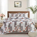 Patchwork Quilt Set Full/Queen Size, 3 Pieces Grey Floral Plaid Summer by Flysheep