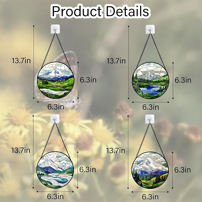 DASTOLL Stained Glass Window Hanging 4 Pcs Set Mountains Lake Green White - Image 6