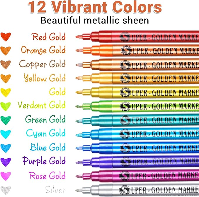 SAKEYR Super Golden Metallic Paint Markers, 12 Colors Sparkle Metallic Glitter - Image 7
